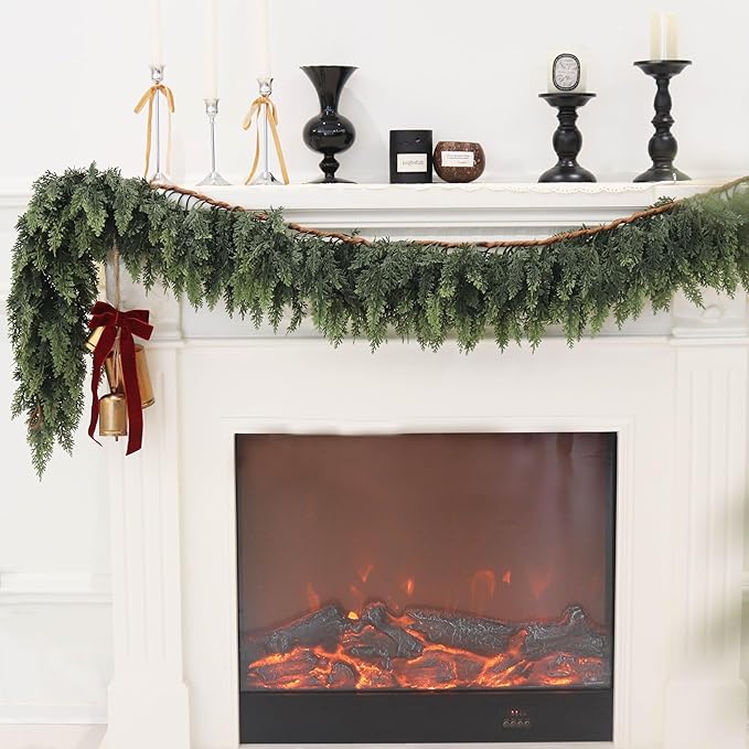 Green Cedar Garland, 9 Feet Long, Soft PE Foliage for Holiday Decor
