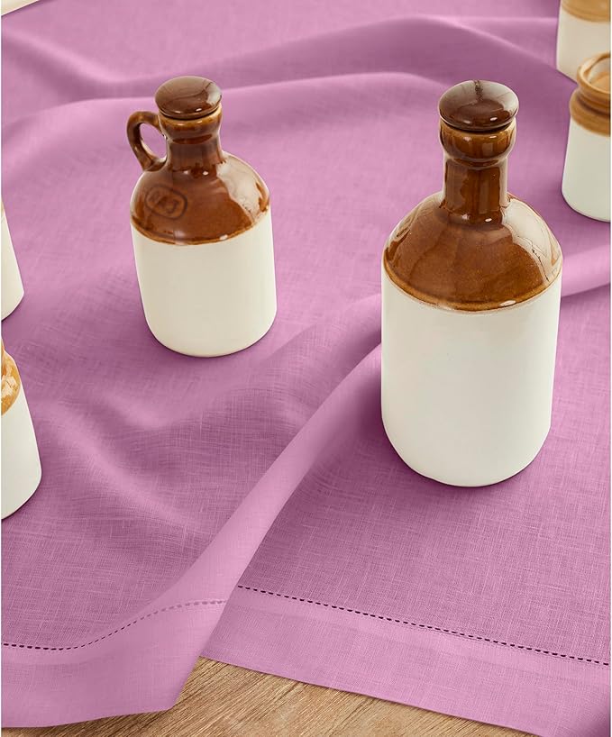 Solino Home Linen Tablecloth 52 x 52 Inch - 100% Pure Linen Violet Square Tablecloth - Classic Hemstitch, Machine Washable Table Throw for Halloween