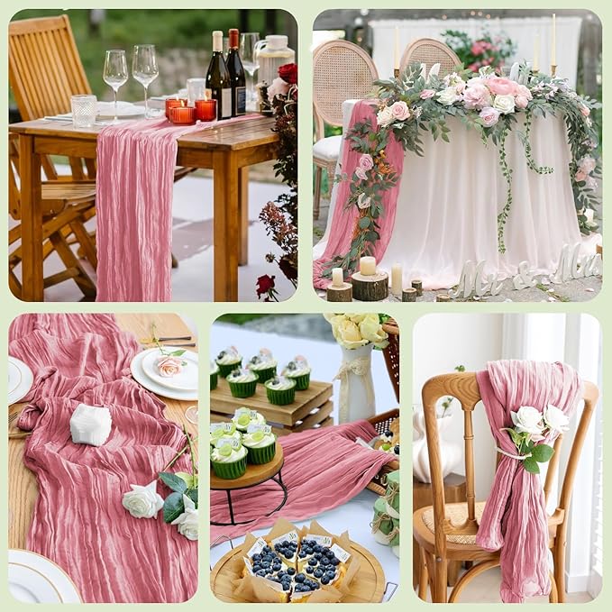 Asee'm 2pcs Cheesecloth Table Runner 120 Inches Dusty Rose Boho Gauze Cheese Cloth Runner 10FT Rustic Sheer Table Runners for Summer Wedding Baby Shower Holiday Party Decoration
