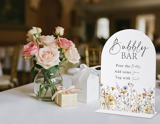 Wedding Signs for Ceremony and Reception, Boho Floral Acrylic Bubbly Bar Sign, Wedding Signage with Stand, Bridal Shower Table Centerpieces, Supplies for Engagement Reception and Event Party, 23