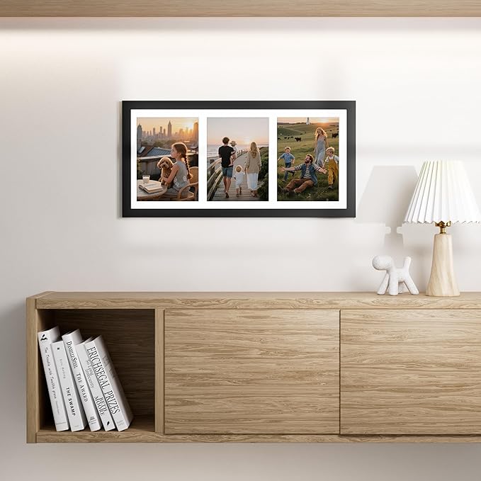 Vittanly 8x16 Collage Picture Frame, Displays 3Pcs 5x7 Pictures with Mat, Picture Frames Collage Wall Decor for Horizontal or Vertical Display, Black, 1 Pack