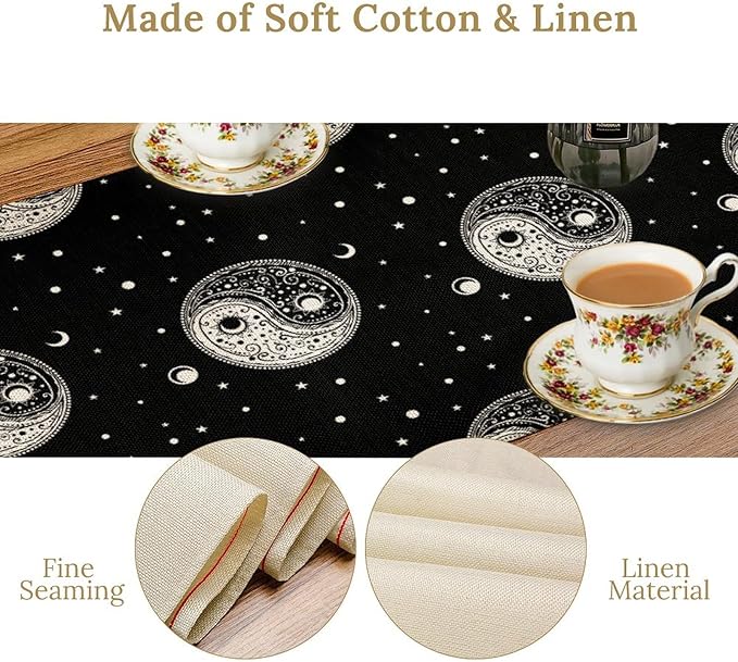 Mystical Celestial Table Runner, Vintage Bohemian Black Yin Yang Symbol Moon Stars Print Table Runner for Office Kitchen Dining Wedding Party Home Coffee Table, 13x90inch