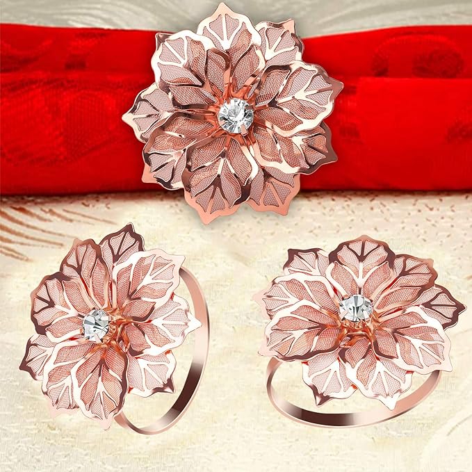 KPOSIYA Flower Napkin Rings Holder Metal Rose Gold Napkin Rings Set of 6 for Wedding Party Holiday Banquet Christmas Dinner Delicate Serviette Buckles Decor Favor (6, Rose Gold)