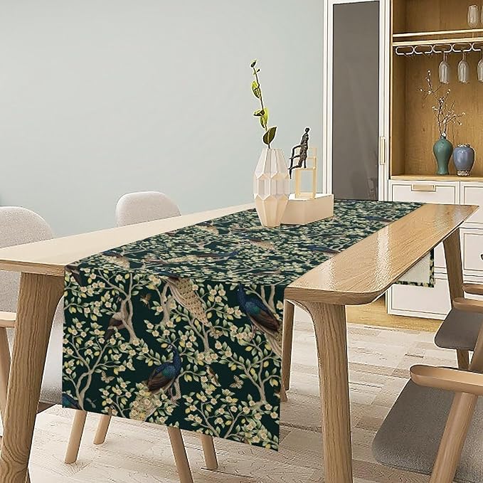 Peacock Table Runner,Retro Floral Plants Peacock Table Runner for Home Kitchen Dining Party Indoor Outdoor Decoration 13x108 Inch