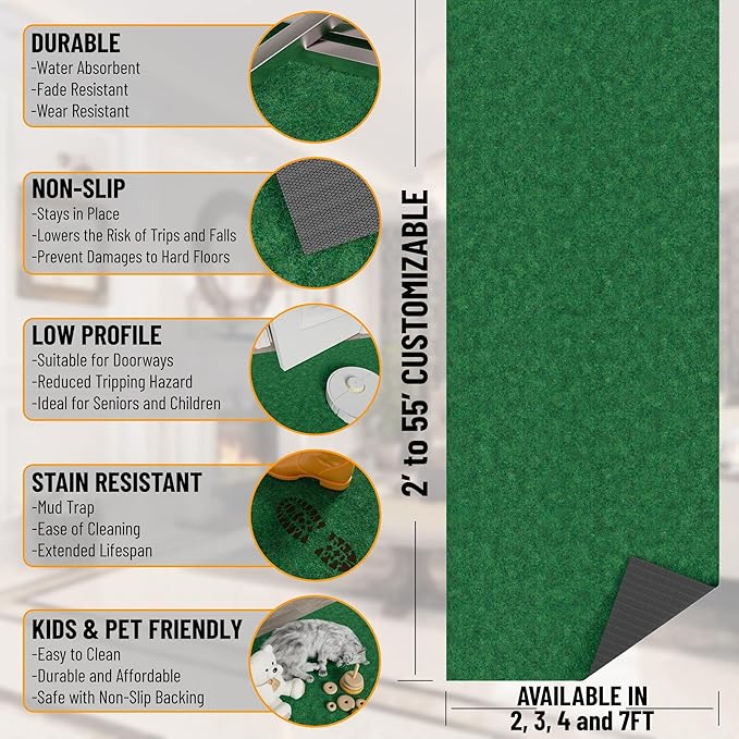 Ottomanson 2'7" x 15' Hallway Runner with Scraper Pile - Extra Durable Non-Slip Rug Mat for Indoor & Outdoor Use - Ideal for Kitchen, Entryway & Garage - High-Traffic Carpet, Green