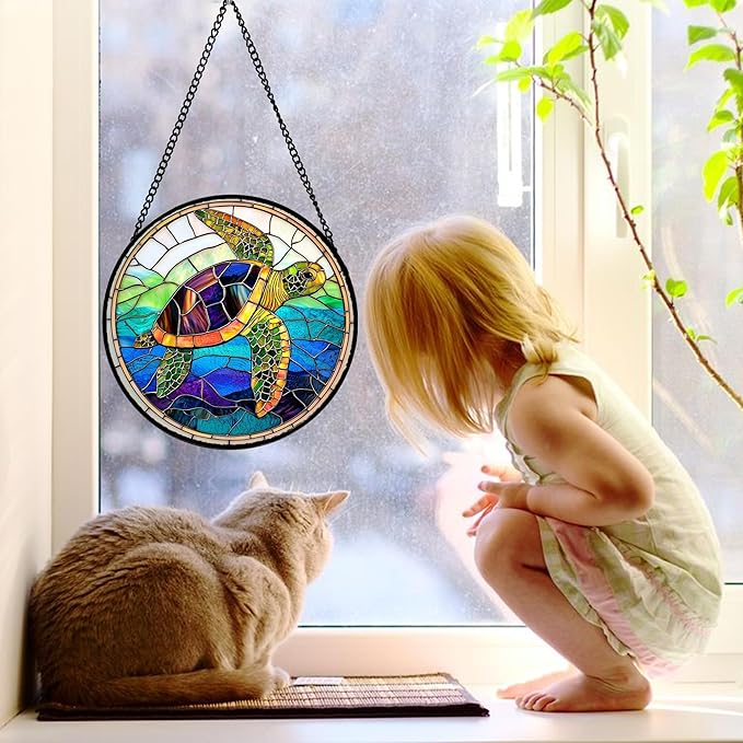 Stained Glass Window Hanging, Colored Turtle Ocean Suncatcher Diamond Glass Panel Hangings Marine Life Sun Catchers Decor for Birthday for Women, Men, Wife, Aunt, Mom 6.3 in