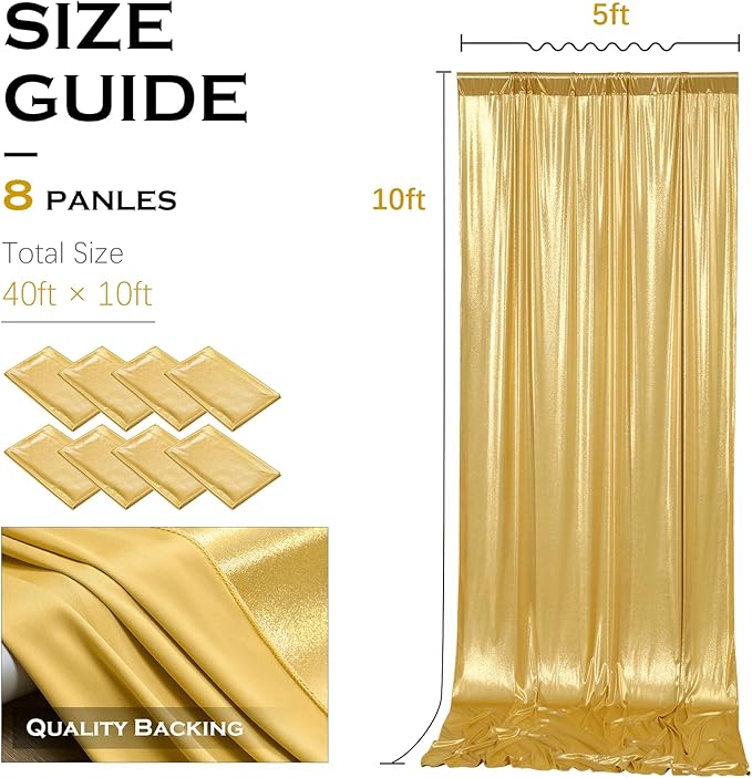 Backdrop Drape with Gold Liquid Metal-Like Sequins, 8 Panels, 40 ft Wide