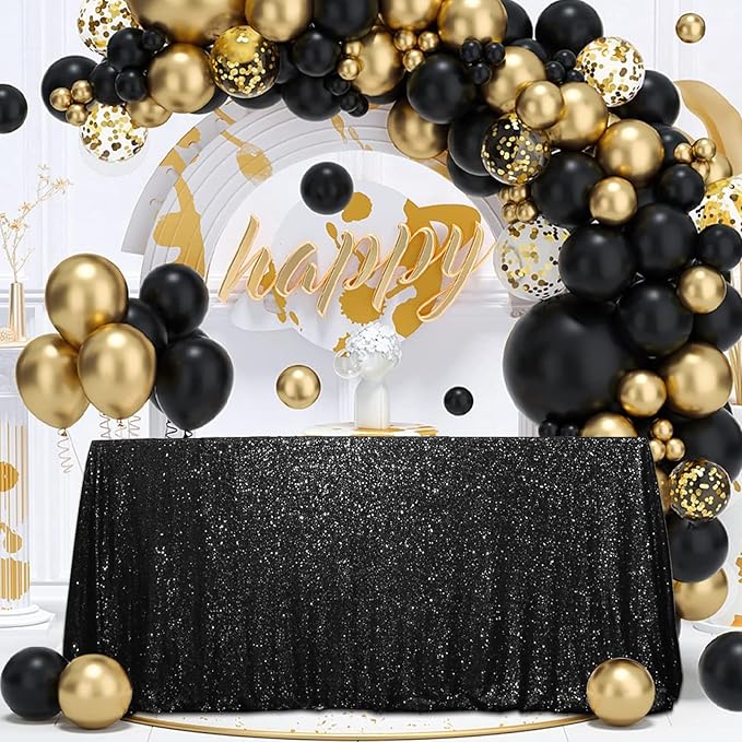 SquarePie Sequin Tablecloth 90 x 132 Inch Black Sparkly Table Linen for Halloween Wedding Party