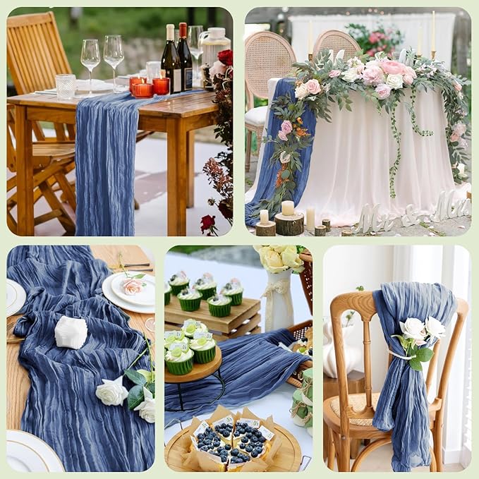 Asee'm 6pcs Cheesecloth Table Runner 120 Inches Long Blue Boho Gauze Cheese Cloth Runner 10FT Rustic Sheer Table Runners for Christmas Wedding Party Baby Shower Spring Easter Decoration