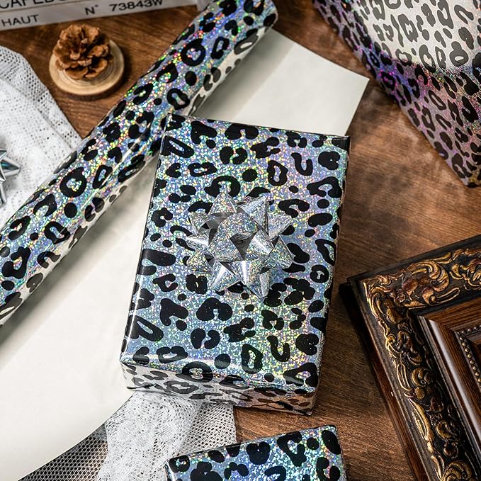 Yarcony Leopard Wrapping Paper Roll, Bold Animals Prints Wrapping Paper, Glitter Black White Cheetah Gift Wrap w/Metallic Shine for Birthday, Graduatios, Bachelorette, Christmas (17 Inch X 33 Feet)