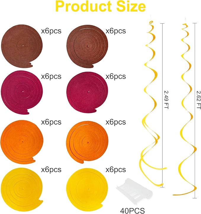 36 Pcs Fall Hanging Swirl Decorations Brown Burgundy Orange Yellow Felt Swirl Streamer Spiral Ceiling Decorations Garland for Autumn Thanksgiving Harvest Birthday Wedding Bridal Shower Party Supplies