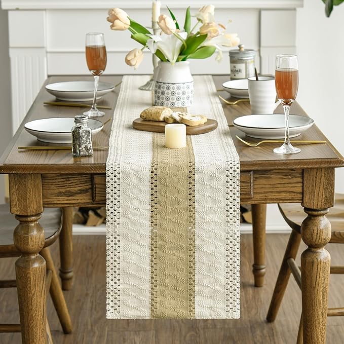 Artoid Mode Burlap Brown Farmhouse Rustic Table Runner, Seasonal Holiday Hollow Kitchen Dining Table Decoration for Home Party Decor 12x90 Inch