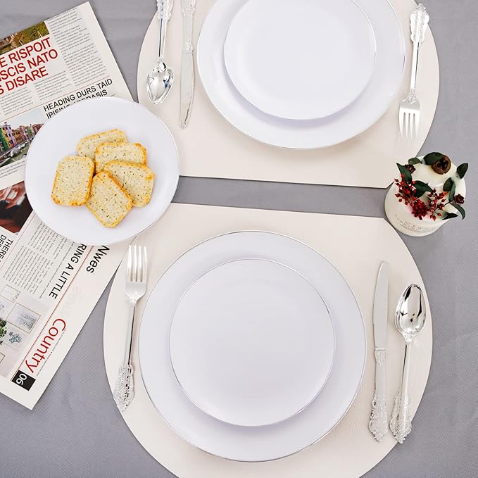 Plastic Plates with Silver Rims, 100 Count, Heavy Duty White