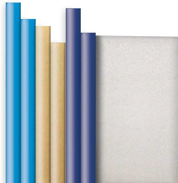 Jillson Roberts 6 Roll-Count Solid Color Hanukkah Gift Wrap Available in 2 Different Assortments, Double-Sided Kraft Blue and Gold/Silver and Gold/Royal and Silver