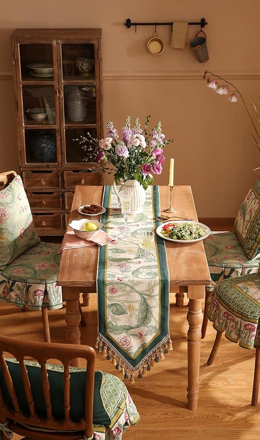patdrea Designer Green Floral Table Runner,French Elegant Vibrant Rustic Linen with Green Leaves Patterns Fabric Table Mat,Decoration for Kitchen Dining Room Banquet Christmas,12"*102"