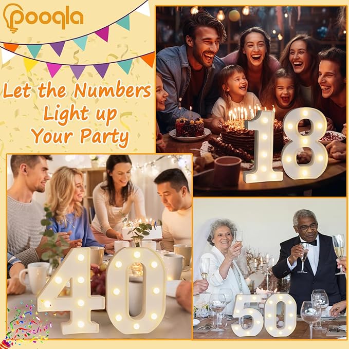 Pooqla Decorative LED Light Up Number Letters, White Plastic Marquee Number Lights Sign for 65th Birthday Party Wedding Decor, Battery Operated (65)