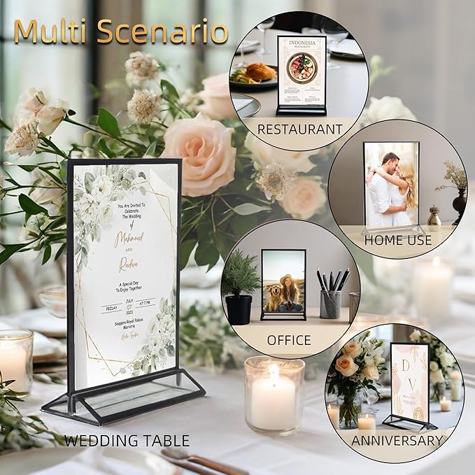 5x7 Inches Clear Picture Frames 6 Pack Acrylic Sign Holders, Double-sided Menu Stands Wedding Table Numbers Holders, Table Top Display Sign Stand Plastic Flyer Holder Vertical Photo Stand, Black