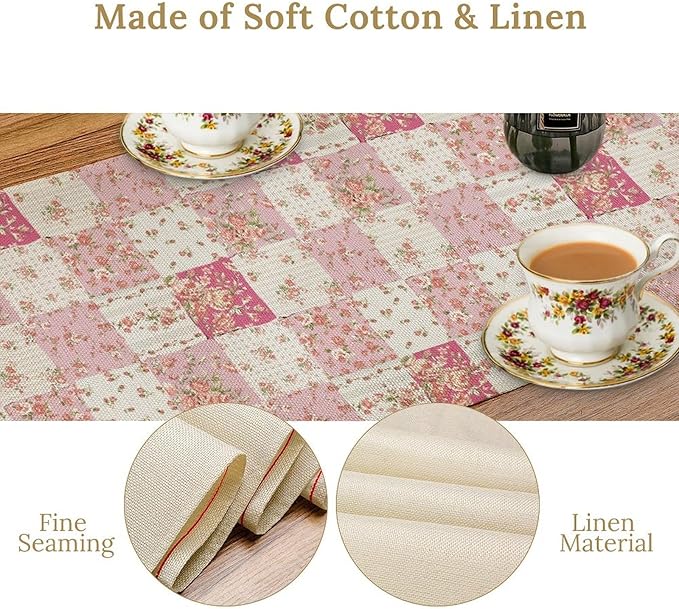 Patchwork Table Runner, Boho Vintage Pink Wildflowers Bohemian Paisley Flower Farmhouse Table Center Decor for Home Kitchen Dining Patio Holiday Party Indoor Outdoor Table Decorations, 13"x36" Inch