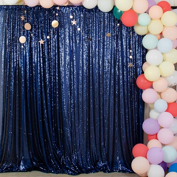 Photo Backdrop Curtain, Navy Blue Sequin, 10 x 10 Ft Shimmer with Rod Pocket