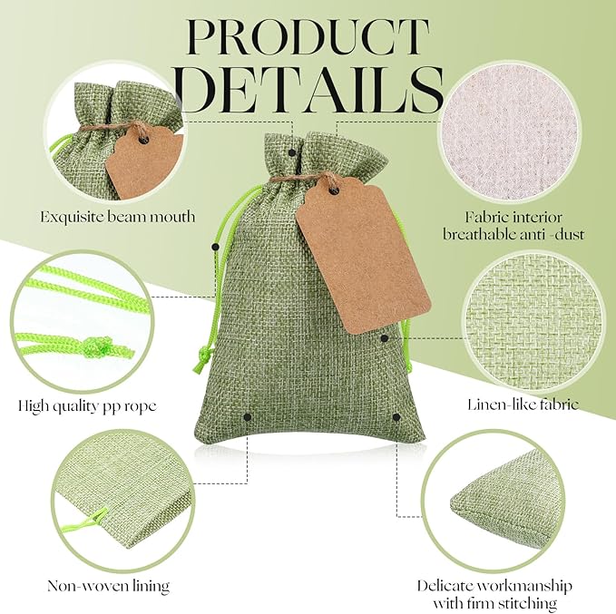 Burlap Gift Bags in Sage Green, 100 Pack with Drawstring