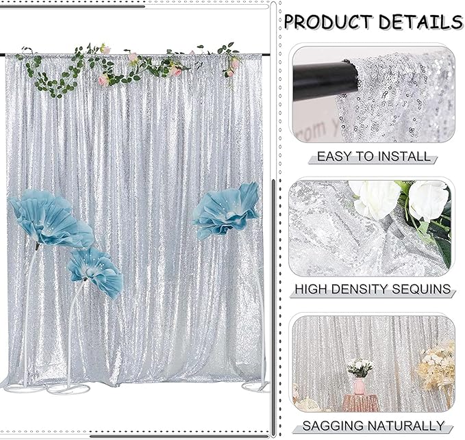 Sequin Backdrop Curtain, 10 x 10 Ft Silver Glitter Photo Backdrop