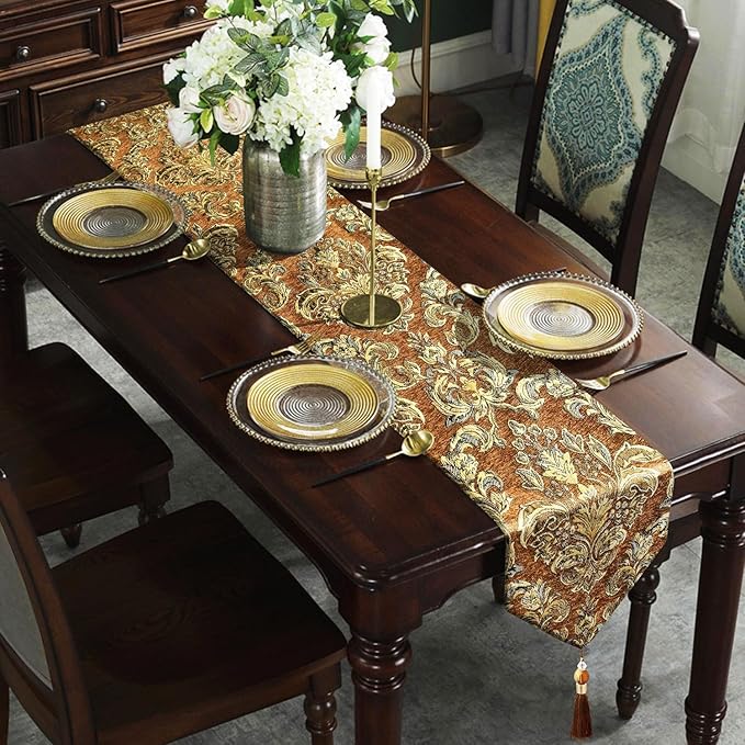 Deluxe Embroidered Table Runner 84" Decoration for Wedding Reception Banquet Meeting Tables Caramel