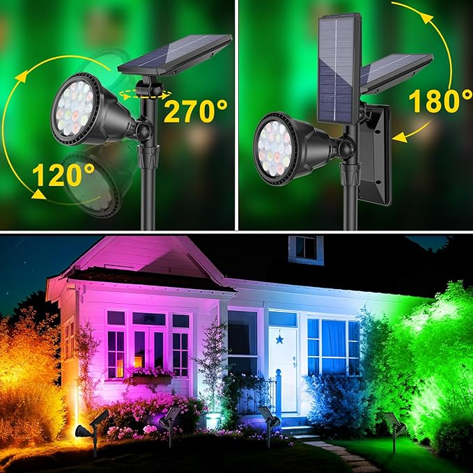Solar Spotlights 2 Pack, Outdoor Halloween Lights, 7 Colors, IP65