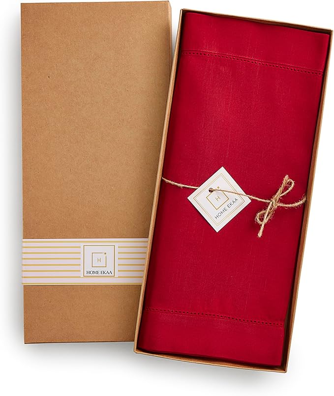 Red Table Runner 48 Inch – Cotton Linen Hemstitch Farmhouse Table Runner 14x48 – Washable Fabric for Dining Table, Spring, Summer, Wedding, Everyday Décor – Serena