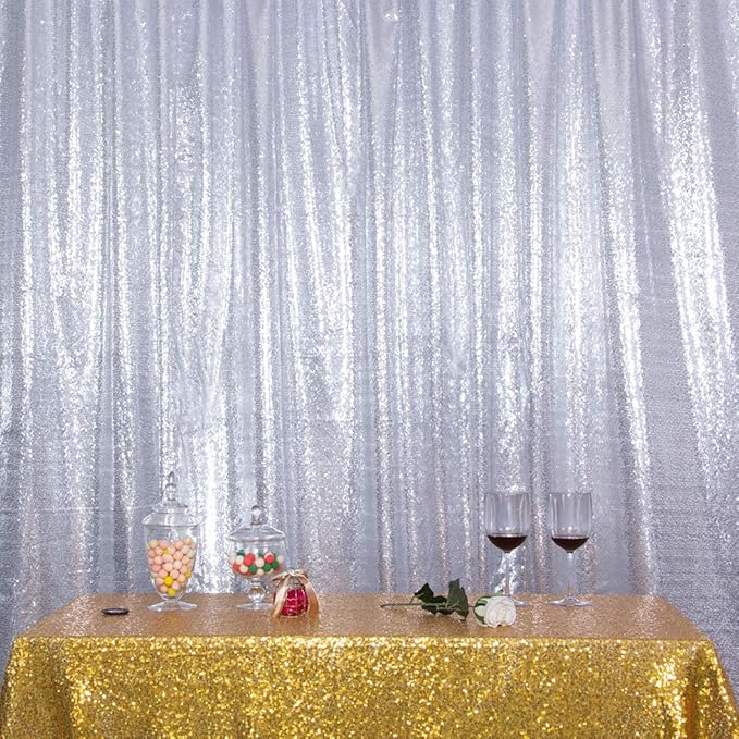 SquarePie Sequin Backdrop Curtain Background Opaque Non-Transparent Satin Sparkly for Wedding Party 10FT x 10FT Silver