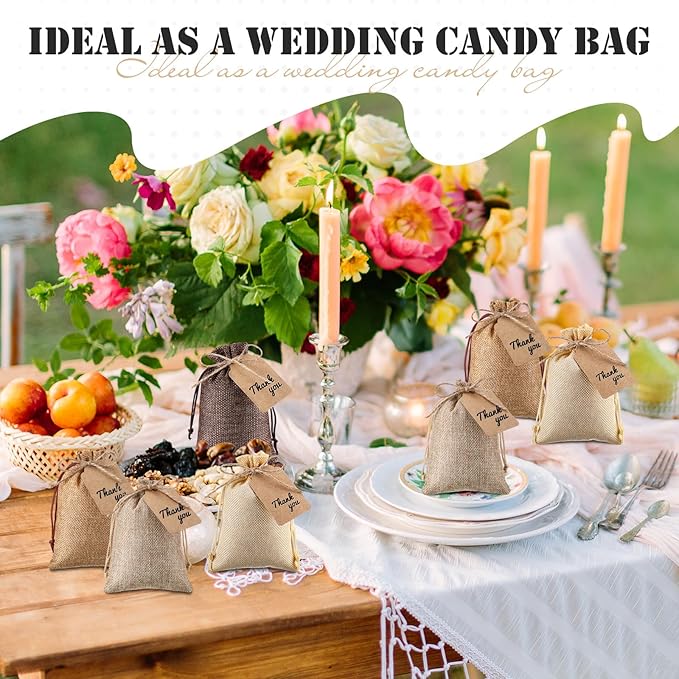 Gift Bags, 100 Burlap Drawstring Favor Bags with Kraft Tags and Hemp Rope
