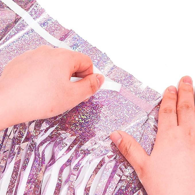 BRAVESHINE 1 Purple 1 Pink Streamers Party Photo Backdrop - 3.2 ft x 8.2 ft Metallic Tinsel Foil Fringe Curtains for Valentine’s Day/Women Birthdays/Engagement/Bridal Shower/Bachelorette Decorations