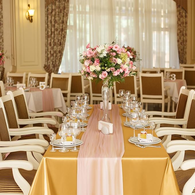 TURSTIN 1 Pack Gold Satin Tablecloth 102 x 58 Inch Overlay Satin Table Cover Rectangle Bright Silk Tablecloth Smooth Fabric Table Decoration for Wedding Banquet Party Events