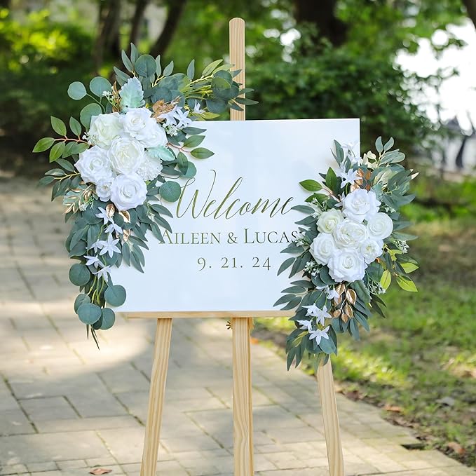 Artificial Flowers Swags Set of 2 in White and Gold Silk for Arches