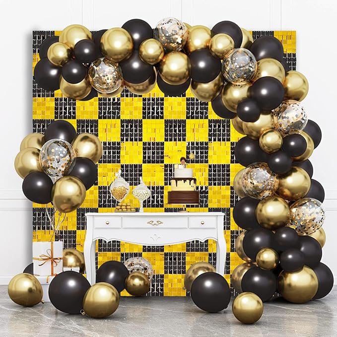 24PCS Black Gold Shimmer Wall Backdrop, Square Sequin Photo Backdrops Panel, Glitter Wall Background for Birthdays, Weddings, Christmas, Engagements, New Years Party Decor (4FTx6FT)