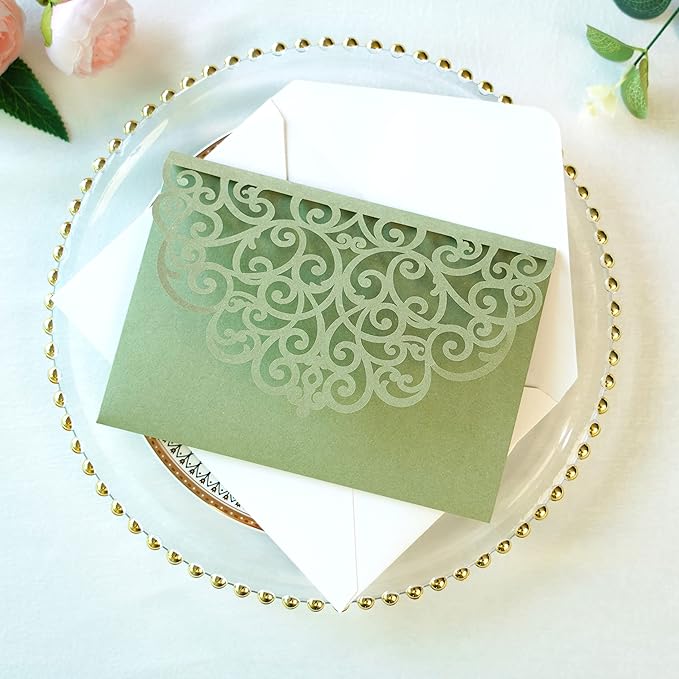 ponatia 5.12 x 7.2 Sage Green Laser Cut Wedding Invitations, 20PCS Tri-Fold 5x7 Trifold Laser Cut Invitation Pockets with Envelopes for Wedding Bridal Shower Engagement (No Inner Sheet)