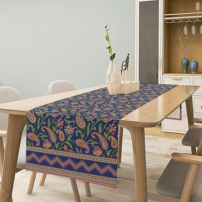 Colorful Paisley Floral Table Runner, Vintage Pink Purple Flowers Green Plants Leaves Print Table Runner for Kitchen Dining Table Indoor Outdoor Home Party, 13x36inch