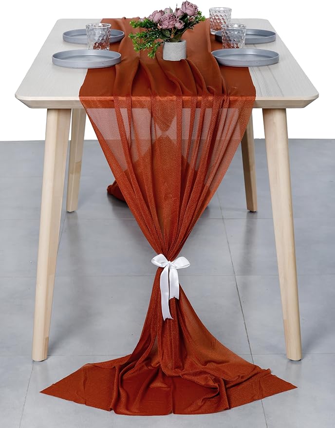 MDS 2 Pack 10ft Chiffon Table Runner 29 x 120 Inches Sheer Wedding Runner Romantic Rustic Table Runner for Wedding Decorations, Birthday Parties, Bridal Shower Party Arch Decor - Terracotta