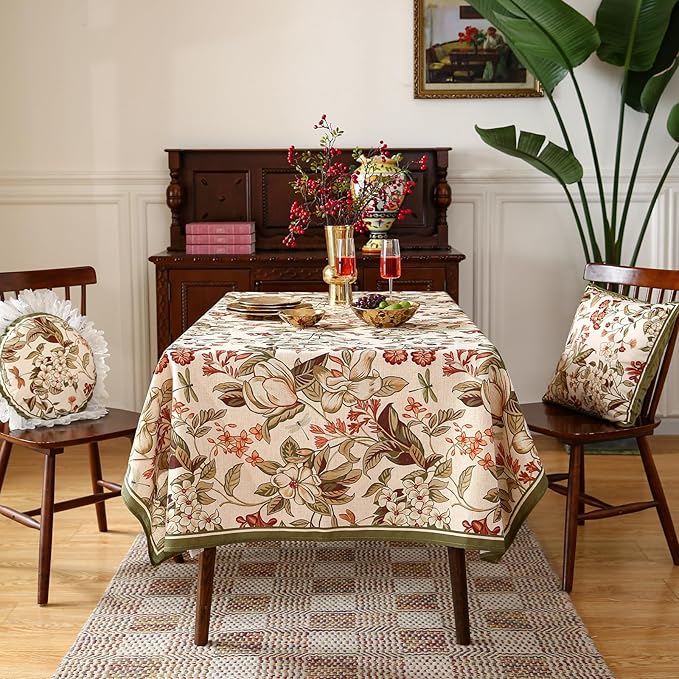 Tablecloth 55 x 71 Inch Rectangular, Linen-Polyester Blend, Floral