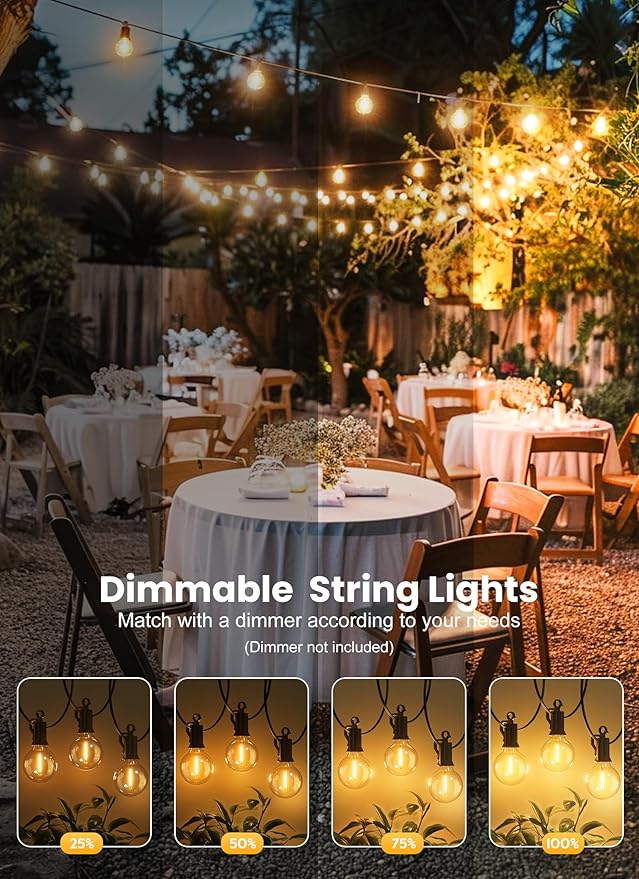 String Lights for Outdoor Patio, 100 FT Warm White G40 LED, Black
