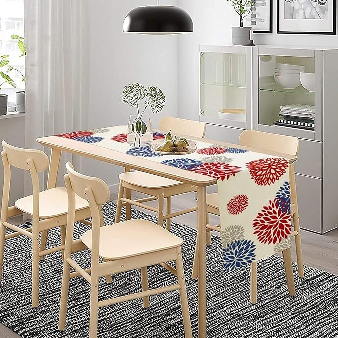 4th of July Table Runner, Blue Red Dahlia Flower American Patriotic Memorial Day Table Runner for Farmhouse Kitchen Dining Table Party Decor, 13x70inch