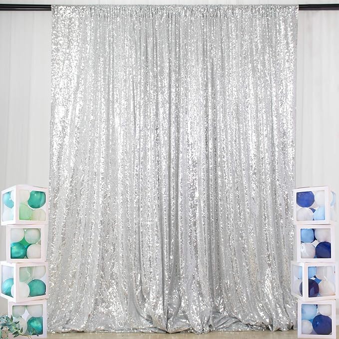 Sequin Backdrop Curtain - Silver, 10 ft x 10 ft, Rod Pocket Design
