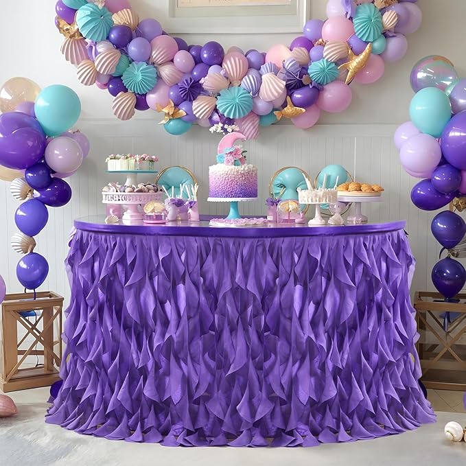 Partisky Mermaid Purple Tulle Curly Willow Table Skirt for Rectangle Table 17ft, Ruffle Tutu Table Cloth for Girls Boys Baby Shower,Mermaid Birthday Party