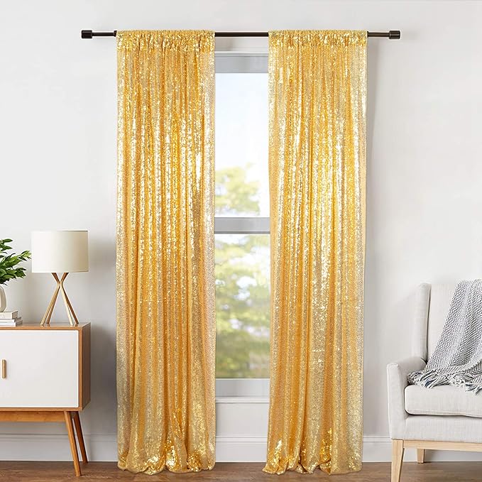 ShinyBeauty Sequin Backdrop Set of 4, 2FTx8FT Photo Backdrop Sequin Curtains Shimmer Wall Backdrop Photograph Backgrounds Sparkle Backdrop Curtains (Iridescent Green and Gold)