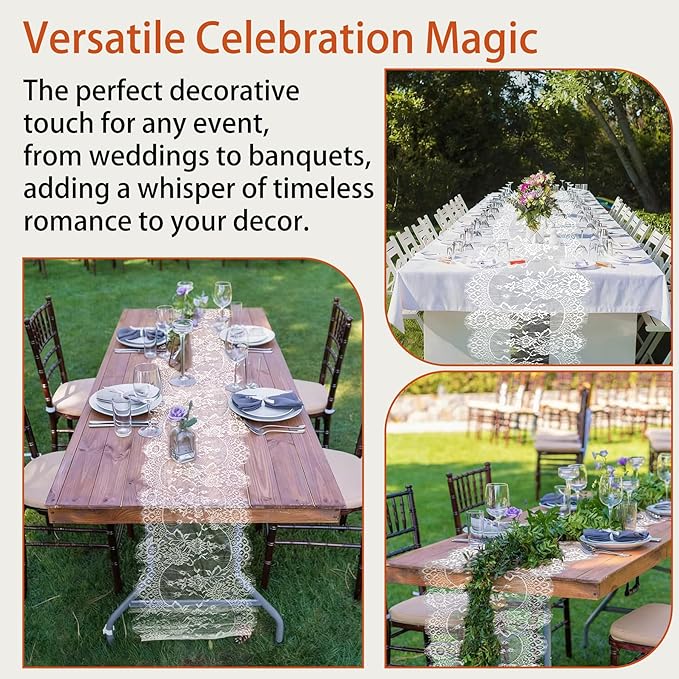 HAIBAS 6 Pcs White Lace Table Runners 14 x 120 Inch Boho Rose Embroidered Floral Vintage Rustic Table Decoration for Wedding Party Bridal Shower Decorations