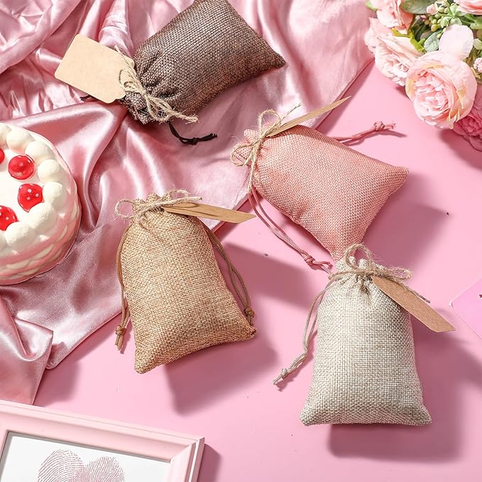 Burlap Drawstring Gift Bags 100 Pack with Kraft Tags and Hemp Rope