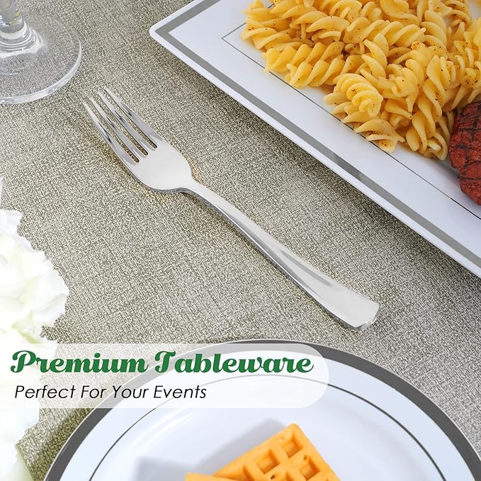Forks: 300 Count Disposable Silver Plastic, 7.4 Inch Metallic Finish