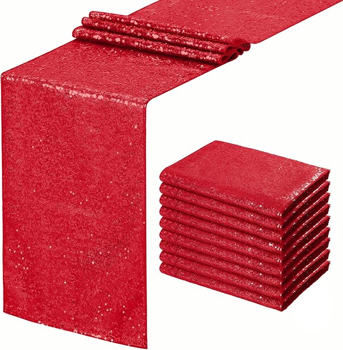 Red Table Runner 10 Packs 12x72 Inch Sequin Table Runners Sparkly Table Runner Fabric for Party Dinner Reception Wedding Event Holiday Decorations