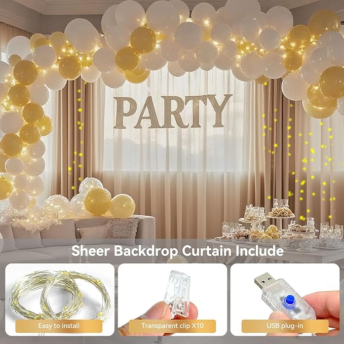 10×8ft Tulle Backdrop Curtains with Lights String - 300LED Fairy Lights Sheer Curtain Backdrop for Weddings Baby Shower and Birthday Party Decorations(2 Panels 5×8ft)
