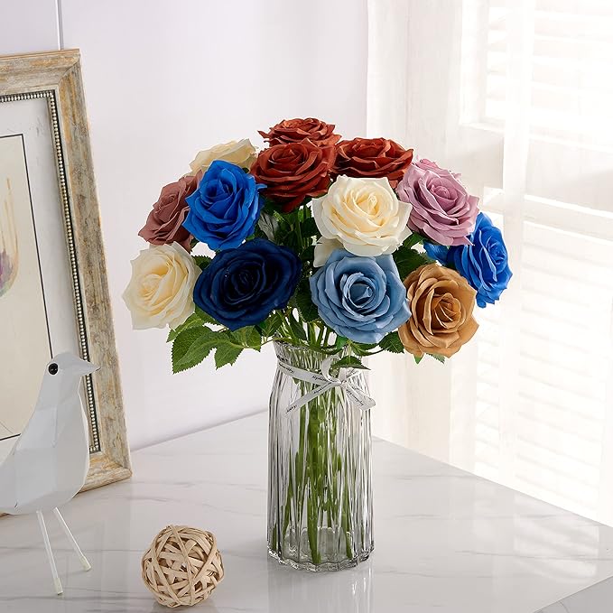 Artificial Rose 10pcs Open Flower Bouquet Faux Rose Stems for Wedding Arrangement, Bridal Bouquet, Centerpiece, Fake Faux Silk Flowers (Dusty Rose)