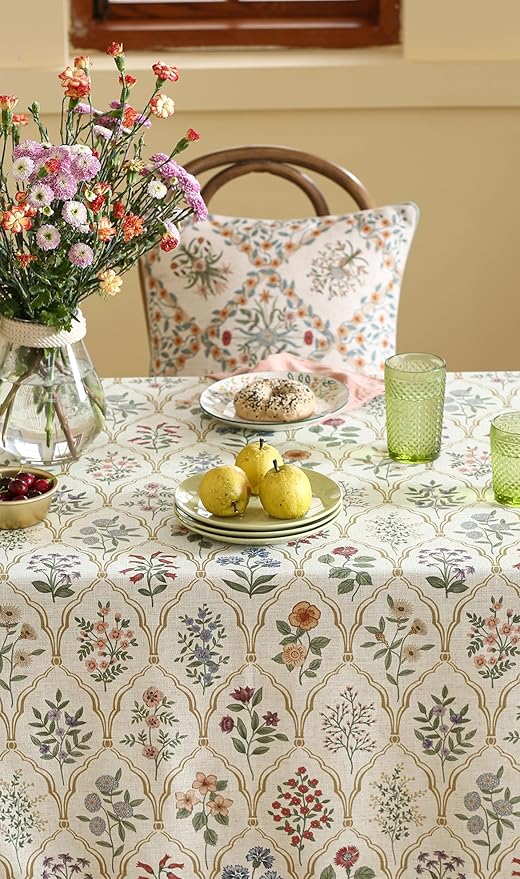 Square Linen Blend Tablecloth, 67 x 67 Inch, Serenity Floral Print